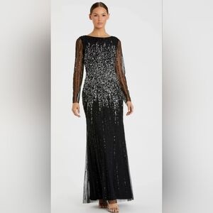 Mac Duggal  Black High Neck Sequin Embellished Long Sleeve A Line Gown Sz 4 $598